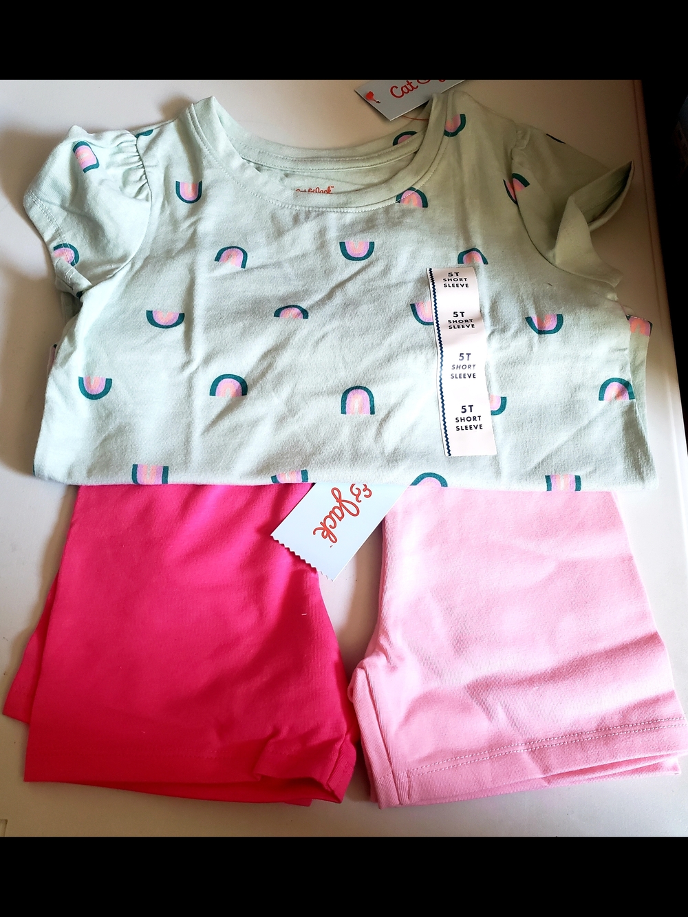 Cat & Jack Mint Tee with Pink and Hot Pink Shorts Set